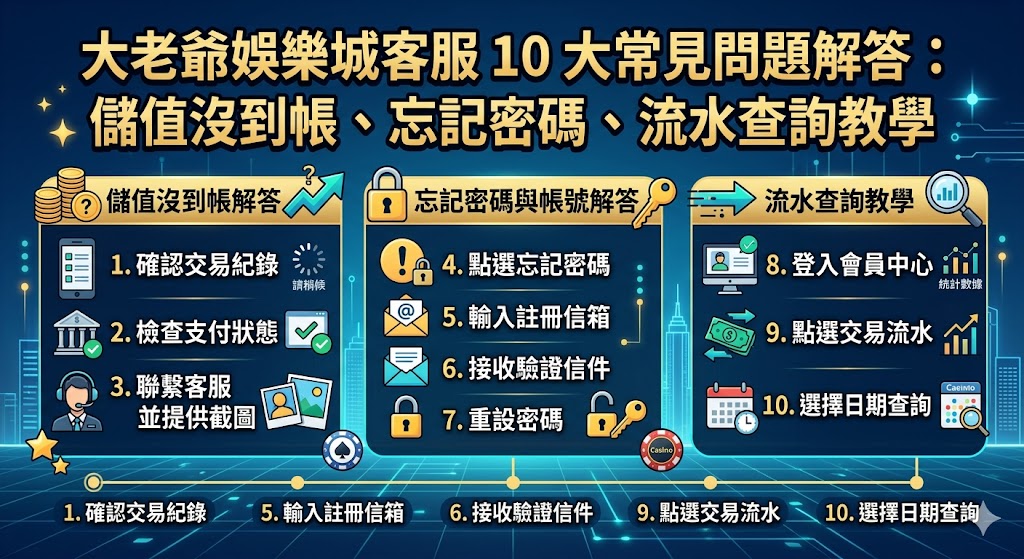 大老爺娛樂城客服10大常見問題解答：儲值沒到帳、忘記密碼、流水查詢教學